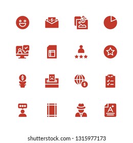 report icon set. Collection of 16 filled report icons included Score, Journalist, Margin, Rate, Checklist, Economy, Complaint, Growth, Rating, Sheet, Testimonial, Pie chart, Portfolio