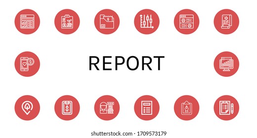 report icon set. Collection of Article, Analytics, Bill, Candlestick, Testimonial, Medical report, Park location, Clipboard, Review, Checklist, Loyalty, Chart icons
