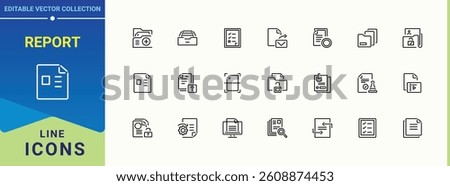 Report icon set. Contains such symbols as paper, document, text, data, file, list and more. Document And Files icon collection. Collection of simple line web icons.