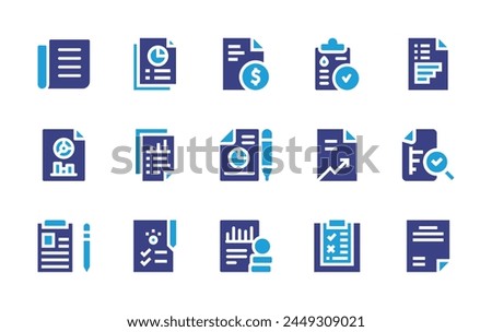 Report icon set. Duotone color. Vector illustration. Containing medical report, business, profit, pie chart, profit, news, analytics, statistics, analysis, report.