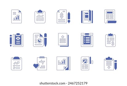 Report icon set. Duotone style line stroke and bold. Vector illustration. Containing report, data analytics, analytic, documents, invoice, bill, magazine, medical, health report, seo.