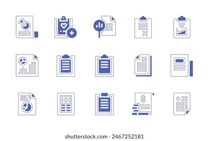 Conjunto de iconos de informe. Trazo de línea de estilo duotono y negrita. Ilustración vectorial. Conteniendo informe, periódico, gráfico circular, error, presupuesto, venta, médico, salud.