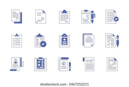 Conjunto de iconos de informe. Trazo de línea de estilo duotono y negrita. Ilustración vectorial. Conteniendo informe, resultado, informe médico, informe de beneficios, análisis, gráfico circular.