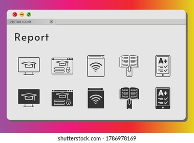 report icon set. included audiobook, ereader, ebook, login icons on white background. linear, filled styles.