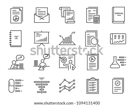 Report icon set. Included the icons as financial report, tax document, lab test, balance sheet, graph, analytic, analysis and more.