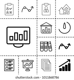 Report icons. set of 13 editable outline report icons such as graph, graph on board, chart on display, checklist, binder, stopwatch camera, paper, dolar growth, check list
