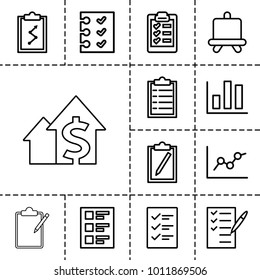 Report icons. set of 13 editable outline report icons such as board, chart, checklist, clipboard with chart, clipboard, check list