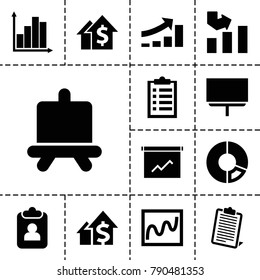 Report icons. set of 13 editable filled report icons such as board, graph, chart, pie chart, dolar growth, clipboard