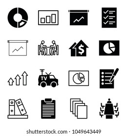 Report icons. set of 16 editable filled and outline report icons such as pie chart, dolar growth, tv van, meeting, checklist, paper, binder, graph, chart