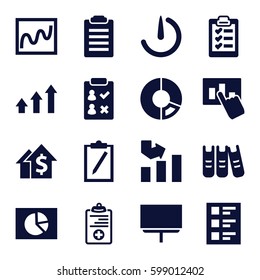 report icons set. Set of 16 report filled icons such as graph, board, medical clipboard, checklist, binder, stopwatch camera, clipboard, hand on graph, chart, pie chart