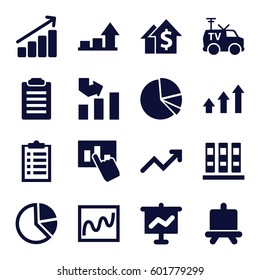 report icons set. Set of 16 report filled icons such as board, graph, TV van, pie chart, hand on graph, binder, chart, dolar growth, check list, graph on board