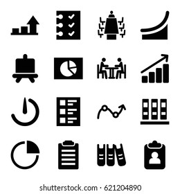 Report icons set. set of 16 report filled icons such as board, checklist, meeting, binder, pie chart, stopwatch camera, graph, chart, check list