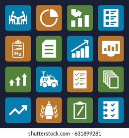 Report icons set. set of 16 report filled icons such as graph, paper, tv van, clipboard, checklist, meeting, pie chart