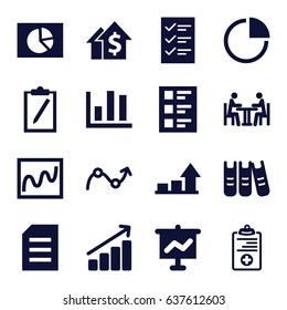 Report icons set. set of 16 report filled icons such as medical clipboard, checklist, meeting, binder, pie chart, graph, chart, dolar growth, graph on board, paper
