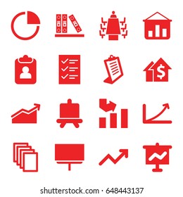 Report icons set. set of 16 report filled icons such as board, graph, paper, clipboard, binder, meeting, pie chart, checklist, chart, dolar growth