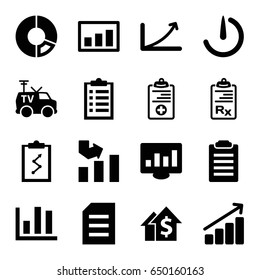 Report icons set. set of 16 report filled icons such as graph, tv van, medical clipboard, clipboard, stopwatch camera, chart, pie chart, dolar growth, check list, paper