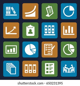 Report icons set. set of 16 report filled icons such as paper, clipboard, check list, binder, pie chart, checklist, meeting, graph