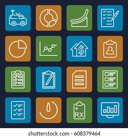 Report icons set. set of 16 report outline icons such as check list, TV van, clipboard, checklist, pie chart, stopwatch camera, chart, dolar growth, chart on display