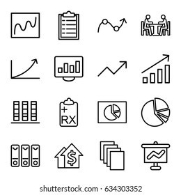 Report icons set. set of 16 report outline icons such as paper, clipboard, pie chart, binder, meeting, graph, chart, dolar growth, graph on board, chart on display