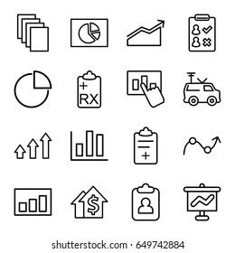 Report icons set. set of 16 report outline icons such as paper, tv van, medical clipboard, clipboard, pie chart, graph, chart, dolar growth, check list, graph on board