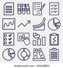Report icons set. set of 16 report outline icons such as graph, check list, binder, pie chart, checklist, chart, paper, clipboard with chart