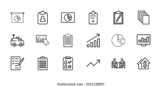 Report icons. set of 18 editable outline report icons: paper, pie chart, dolar growth, check list, clipboard, tv van, medical clipboard, chart on display, meeting, graph