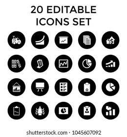 Report icons. set of 20 editable filled report icons such as graph, clipboard, chart, pie chart, tv van, checklist, meeting. best quality report elements in trendy style.