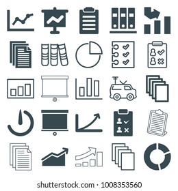 Report icons. set of 25 editable filled and outline report icons such as graph, paper, chart, check list, graph on board, stopwatch camera, tv van, checklist, binder
