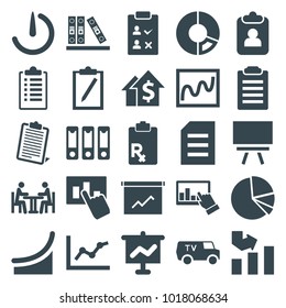 Report icons. set of 25 editable filled report icons such as graph, chart, pie chart, dolar growth, check list, clipboard, graph on board, hand on graph, binder, paper