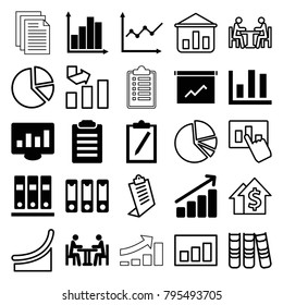 Report icons. set of 25 editable filled and outline report icons such as chart, check list, clipboard, chart on display, binder, meeting, graph, pie chart, dolar growth