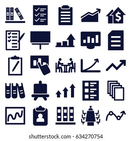 Report icons set. set of 25 report filled icons such as board, paper, check list, binder, checklist, meeting, graph, hand on graph, chart, dolar growth, clipboard