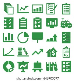 Report icons set. set of 25 report filled icons such as board, paper, check list, tv van, binder, clipboard, checklist, pie chart, graph, chart, dolar growth, graph on board