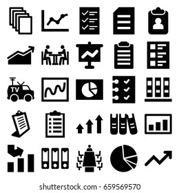 Report icons set. set of 25 report filled icons such as graph, paper, clipboard, tv van, pie chart, checklist, binder, meeting, chart, check list