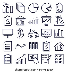 Report icons set. set of 25 report outline icons such as graph, paper, clipboard, board, check list, tv van, binder, checklist, pie chart, chart, dolar growth, graph on board