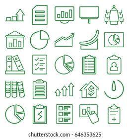 Report icons set. set of 25 report outline icons such as board, medical clipboard, binder, pie chart, checklist, meeting, stopwatch camera, graph, chart, dolar growth