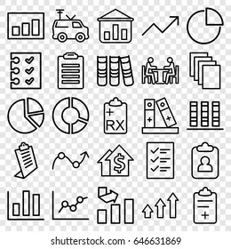 Report icons set. set of 25 report outline icons such as graph, paper, clipboard, tv van, medical clipboard, binder, checklist, meeting, pie chart, chart, dolar growth