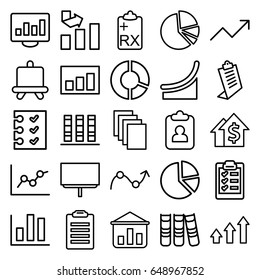 Report icons set. set of 25 report outline icons such as board, graph, paper, clipboard, pie chart, checklist, binder, chart, dolar growth, check list, graph on board