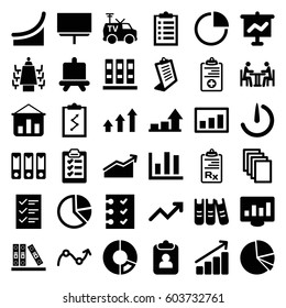 Report icons set. set of 36 report filled icons such as board, paper, clipboard, TV van, medical clipboard, binder, pie chart, checklist, meeting, stopwatch camera, graph