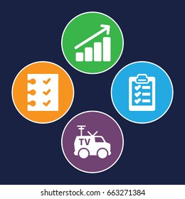 Report icons set. set of 4 report filled icons such as tv van, checklist, clipboard