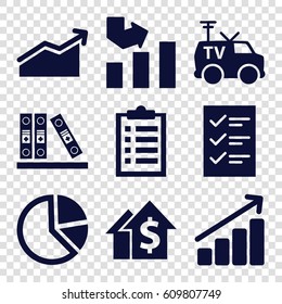 Report icons set. set of 9 report filled icons such as graph, TV van, binder, checklist, chart, pie chart