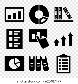 Report icons set. set of 9 report filled icons such as binder, checklist, graph, hand on graph