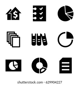 Report icons set. set of 9 report filled icons such as paper, pie chart, checklist, binder