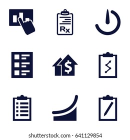 Report icons set. set of 9 report filled icons such as clipboard, checklist, stopwatch camera, hand on graph, chart, dolar growth