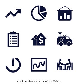 Report icons set. set of 9 report filled icons such as tv van, meeting, stopwatch camera, graph, chart, pie chart, dolar growth, graph on board