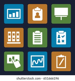 Report icons set. set of 9 report filled icons such as board, graph, hand on graph, binder, chart, check list