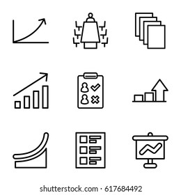 Report icons set. set of 9 report outline icons such as paper, checklist, meeting, graph, chart, check list