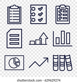 Report icons set. set of 9 report outline icons such as checklist, binder, clipboard, graph, chart, pie chart