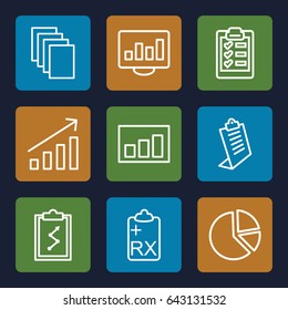 Report icons set. set of 9 report outline icons such as paper, clipboard, graph, pie chart, chart on display