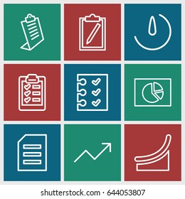 Report icons set. set of 9 report outline icons such as clipboard, checklist, stopwatch camera, graph, chart, pie chart