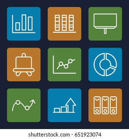 Report icons set. set of 9 report outline icons such as board, binder, graph, chart